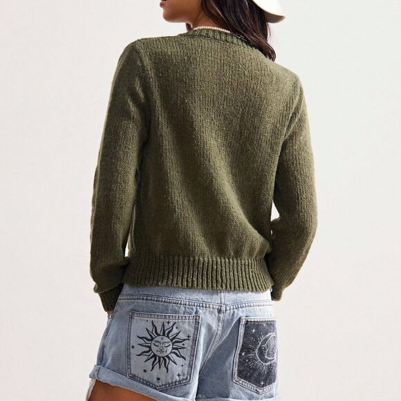 Olive Green Casual Women's Floral Embroidered Button-Up Cardigan - Picture 3 of 8